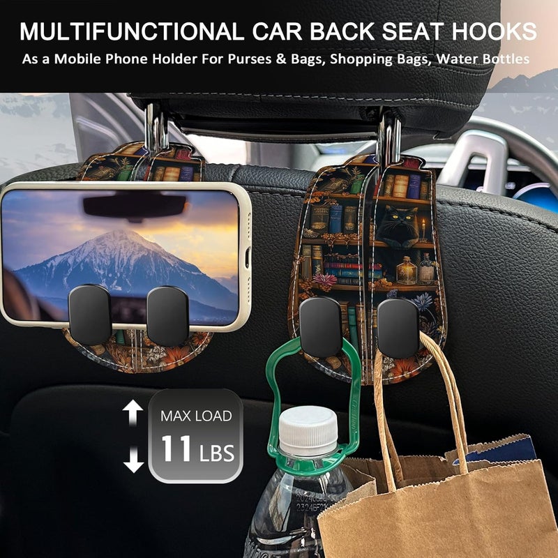 Blusabaca 2PCS Car Hooks for Purses and Bags, Goth Gothic Bookshelf Black Cat Seat Back Storage Headrest Holder Hanger PU Leather Double Metal Backseat Organizer, Women Car Accessories Organization - Image 3